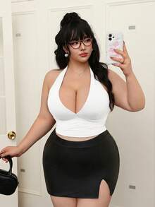 CovetEZ Plus Size Black Tie-Up Spaghetti Strap Crop Top - White - View 4