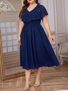 SHEIN Clasi Plus Size Women Navy Blue Elegant Summer Wedding Guest Dress,Pearl Decor V-Neck Long Party Dresses,Formal Ceremony Graduation Outfit,Mother Of Bride - Blue - View 13