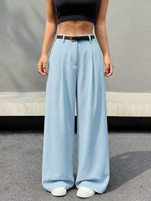 SHEIN EZwear Casual Versatile Commuter Solid Color Belted Wide Leg Pants - Blue - View 5