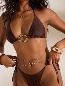 Opulessa Women's Solid Color Metal Ring Decor Halter Neck Bikini Swimwear Set, Spring Summer Vacation Outfits, Elegant Beachwear - Coffee Brown - View 8