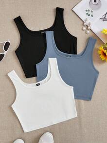SHEIN EZwear 休闲简约黑白蓝多件装修身圆领吊带背心，适合夏季穿着，大码可选 - 彩色 - 查看 1