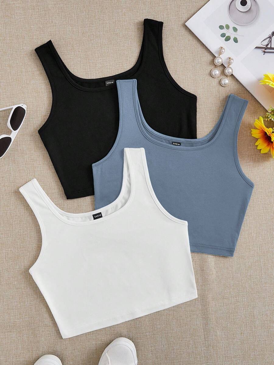 SHEIN EZwear 休闲简约黑白蓝多件装修身圆领吊带背心,适合夏季穿着,大码可选 - 彩色 - 查看 1