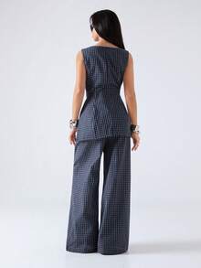 LYSMO Bộ đồ nữ thường ngày họa tiết kẻ caro gồm áo hai dây và quần dài, thích hợp cho mùa hè. - Màu xanh hải quân - Xem 2