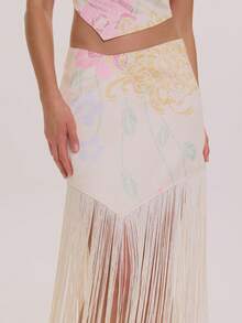 MUSERA 印花缎面低腰流苏中长裙，春夏优雅婚礼宾客度假假日场合蜜月咖啡馆 - 淡黃色 - 查看 5