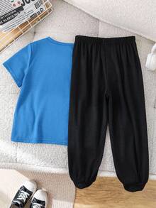 SHEIN 2-Piece Set Of Young Boys Casual Sport Casual Street Style English Pattern Fitted Round Neck Short Sleeve T-Shirt And Black Long Pants Set Suitable For Kids Outfits Toddler Boy Clothes Back To School Boys Set Suitable For Birthday Parties, Parties, Performances, Weddings, Baptisms, Back To School Daily Suitable For School Suitable For Travel Suitable For Sports Suitable For Spring And Summer - Blue - View 4