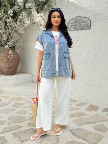 Rivivi Women's Single-Breasted Extra Long Casual Everyday Denim Vest Jacket - Light Wash - View 6