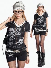 Bloopia Áo thun nữ tay ngắn dệt kim cổ chữ V phong cách vintage punk phối nhiều mảnh, kiểu dáng 2 trong 1, thời trang và đa năng. - Đen và trắng - Xem 1