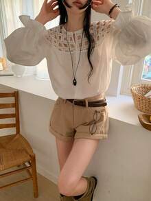 DAZY 女士圆领单排扣休闲百搭日常衬衫 - 白色 - 查看 6