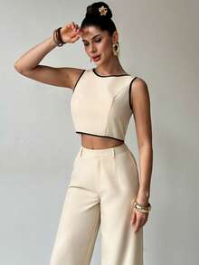 Firerie Bộ đồ 2 món dành cho nữ, thanh lịch, thoải mái, thích hợp cho kỳ nghỉ, lễ hội, phong cách Bohemian, gồm áo và quần phối màu tương phản chất liệu giả vải lanh. - Nhiều màu - Xem 8