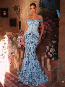 Glamrae Đầm dạ hội sang trọng màu xanh nhạt, đính sequin 3D hoa văn tinh tế, phối satin, một vai, đính đá lấp lánh, kiểu đuôi cá, dài thướt tha, hở lưng, có dây buộc điều chỉnh được. - Màu xanh nhạt - Xem 7