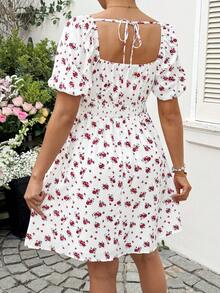 SHEIN Đầm bầu họa tiết hoa nhí thường ngày - Đỏ và trắng - Xem 3