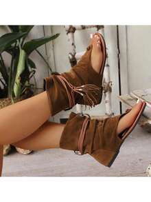 Lumivelle Women's Brown Boots 2024 New Retro Round Toe Tube Boots Fashionable And Versatile Thong Tassel Roman High Top Shoes - Brown - View 4