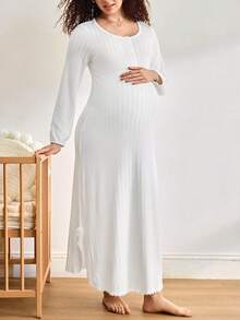 BloomMama Maternity Solid Color Long Sleeve Long Nightgown Loungewear - White - View 7