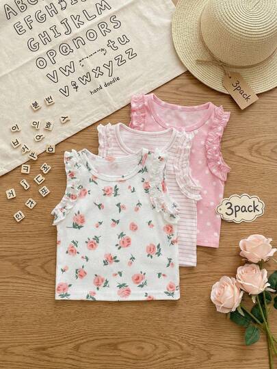 SHEIN 3 Pack Toddler Girl Tween Girl Casual Y2K Style Floral Rose Polka Dot Striped Pattern Ruffle Trim Sleeveless Tank Top Tube Tops Halter Top Soft Thin Tops Shirts Blusas Outfits For Summer Vacation Beach Party Spring