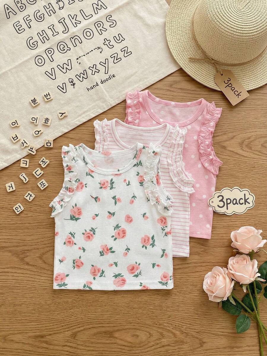 SHEIN 3 Packs Baby Girl Casual Y2K Style Floral Rose Polka Dot Striped Pattern Ruffle Trim Sleeveless Tank Top Soft Thin Tops For Summer Vacation Beach Party Spring - Multicolor - View 1
