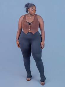 CurvyTilda 大碼前紐扣夾克背心 - 咖啡棕 - 查看 1