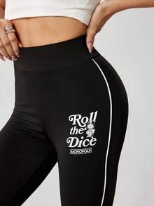 MONOPOLY X SHEIN 2pcs/Set Women's Letter Print Leggings - Black - View 4