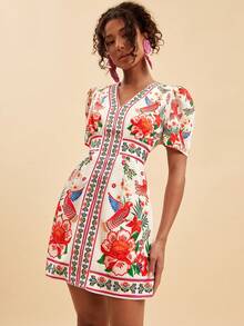 Travachic Vestido corto de verano con estampado tropical de loro, mangas de pétalos y cintura ceñida para vacaciones en la playa - Multicolor - Ver 6