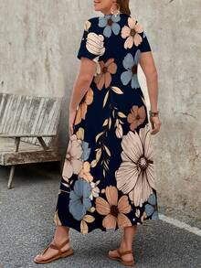 EMERY ROSE Plus Size Women Casual Minimalist V-Neck Short Sleeve Dress, Suitable For Summer - Navy Blue - View 2