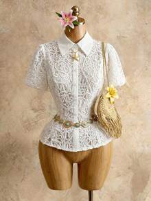 Mistrie Women's Summer Vacation Lace Front Button Puff Sleeve Blouse, Wedding Guest, Summer Holidays, Beach, Vacations - White - View 1
