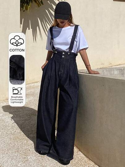 DAZY 女士宽松高领可调节牛仔背带裤，休闲都市风