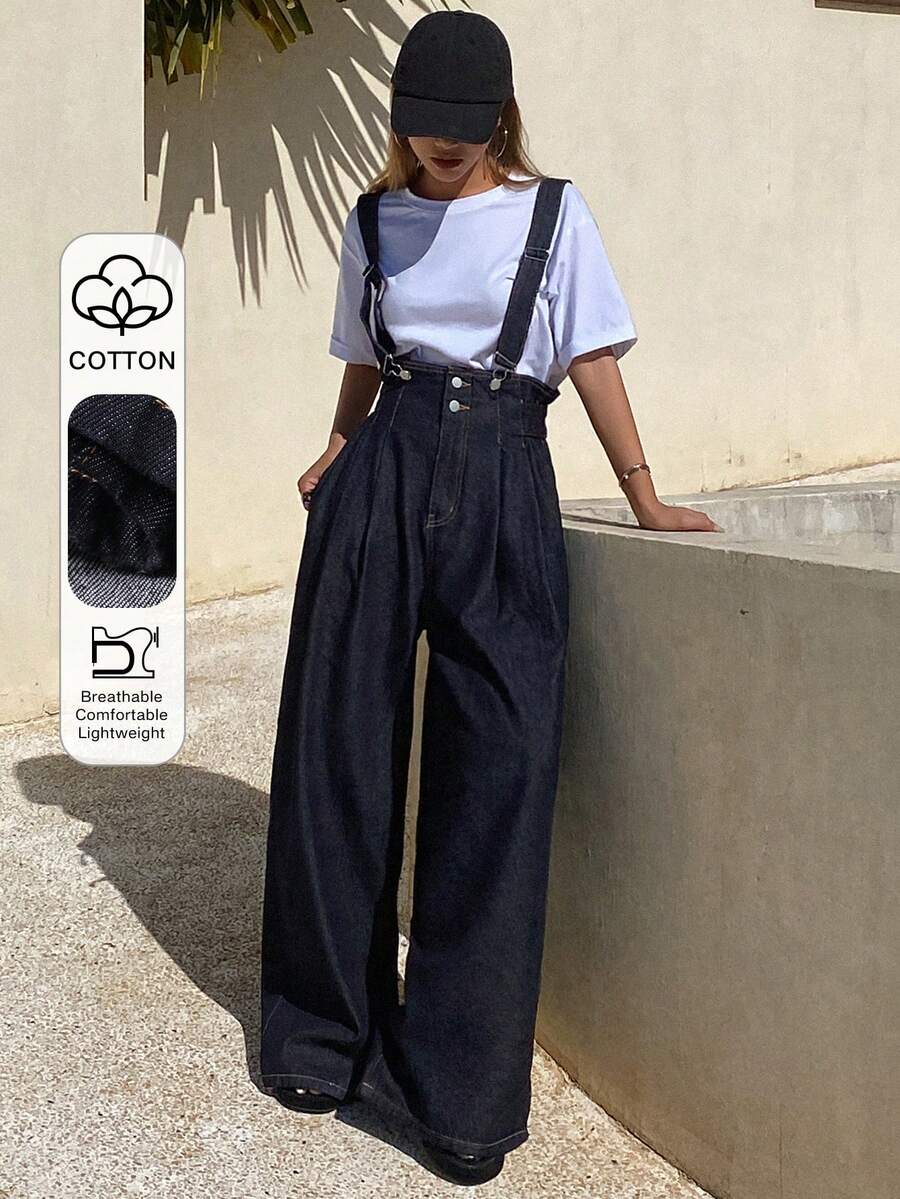 DAZY Pantalones peto vaqueros de cuello alto holgados y ajustables para mujer, estilo casual de ciudad - Azul lavado oscuro - Ver 1