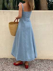 DAZY Đầm denim hai dây mùa hè dành cho nữ, kiểu dáng nghỉ mát. - Rửa trung bình - Xem 3