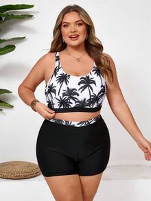 SHEIN CURVE+ Bộ đồ bơi mùa hè in hình cây dừa dành cho nữ cỡ lớn - màu đen - Xem 4