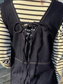 FRIFUL Women's Solid Color Casual Denim Bib Pants Jumpsuit - Blue - View 6