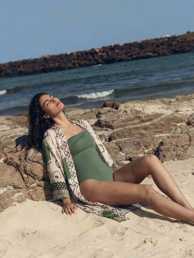 SHEIN Maija Women's Solid Color Sleeveless One-Piece Swimsuit, Summer,Vacation Outfits Women,Summer Holiday Outfits ,Beach Vacation Outfits For Women Green Boho One Piece Swimsuit Women