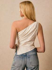 Poéselle Blusa sin mangas asimétrica casual a rayas para mujer, de verano - Albaricoque - Ver 3