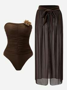 Swim Oasis Bộ trang phục đi biển phong cách Bohemian lãng mạn, thanh lịch dành cho nữ mùa xuân/hè 2026: Áo tắm liền thân quây ngực xếp ly và chân váy quấn, thích hợp cho bãi biển, tiệc trà chiều, dã ngoại, tiệc tùng. - màu nâu - Xem 3