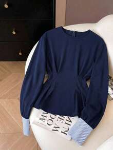Revavyn Women's Sweatshirt Fabric Fitted Waist Dropped Shoulder Sweatshirt, Suitable For Everyday Commuting. Summer Weddings & Events - Blue - View 1