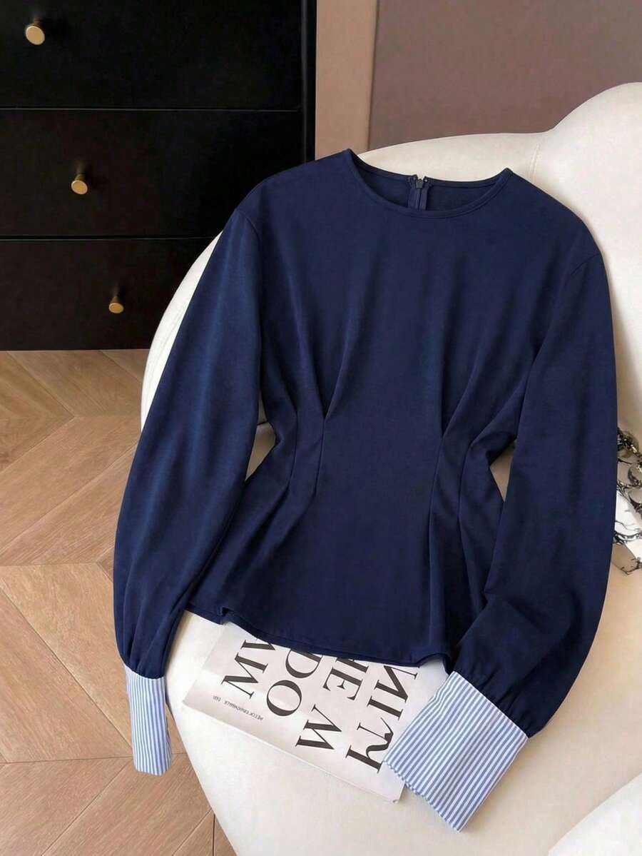 Revavyn Women's Sweatshirt Fabric Fitted Waist Dropped Shoulder Sweatshirt, Suitable For Everyday Commuting. Summer Weddings & Events - Blue - View 1