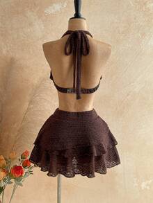 Soleia 女士日落渐变深V领花卉金属扣系带上衣+多层荷叶边迷你裙两件套，休闲假日海滩邮轮度假，适合音乐节、波西米亚风度假 - 棕色 - 查看 2