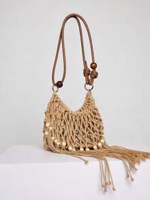 MUSERA Fringed Beaded Faux Leather Strap Crochet Bucket Bag Spring Summer Beach Swim Festival Vacation Cute Daily - Khaki - View 3
