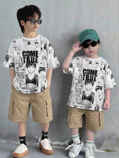 2pcs Tween Boy Comfortable Loose Round Neck Korean Style Graphic Tee And Contrast Trim Cargo Shorts Set, Suitable For Summer Casual, Sports, Vacation, Party, School, Fashion Street Style