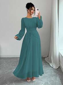 Elenzga 女士春夏法式浪漫西西里优雅休闲通勤度假下午茶派对圆领褶皱腰抽绳A字弹力腰长袖连衣裙 - 水鴨藍 - 查看 4