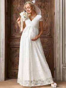 SHEIN Đầm bầu cổ chữ V tay ngắn thắt eo ren thanh lịch - trắng - Xem 5