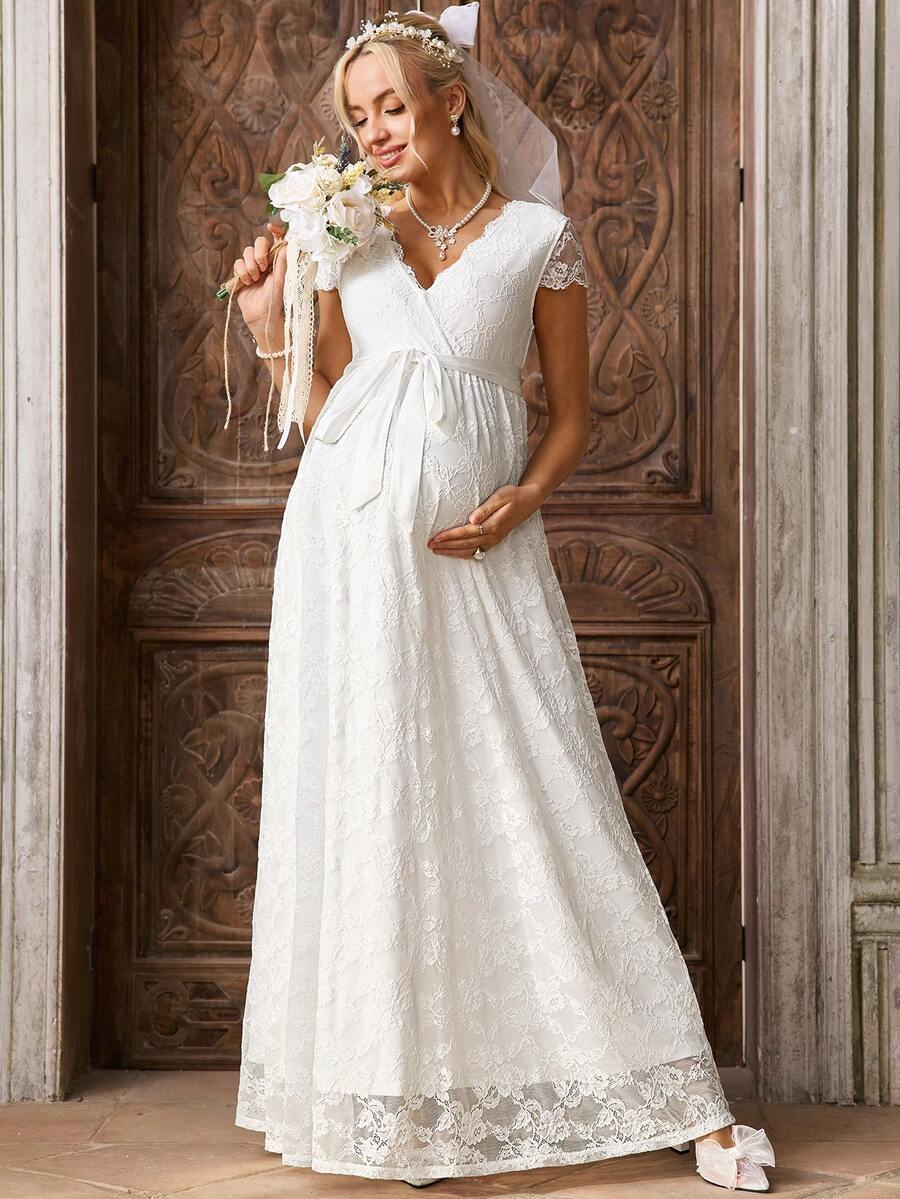 SHEIN 孕妇V领短袖腰带蕾丝优雅连衣裙 - 白色 - 查看 1