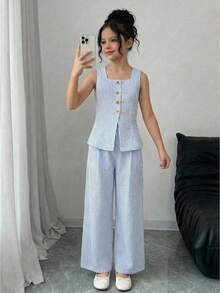 Firerie Kids Firerie Kids 少女春夏新款休闲度假通勤街头时尚蓝白条纹纽扣前开襟无袖背心上衣和直筒裤套装 - 藍白色 - 查看 5