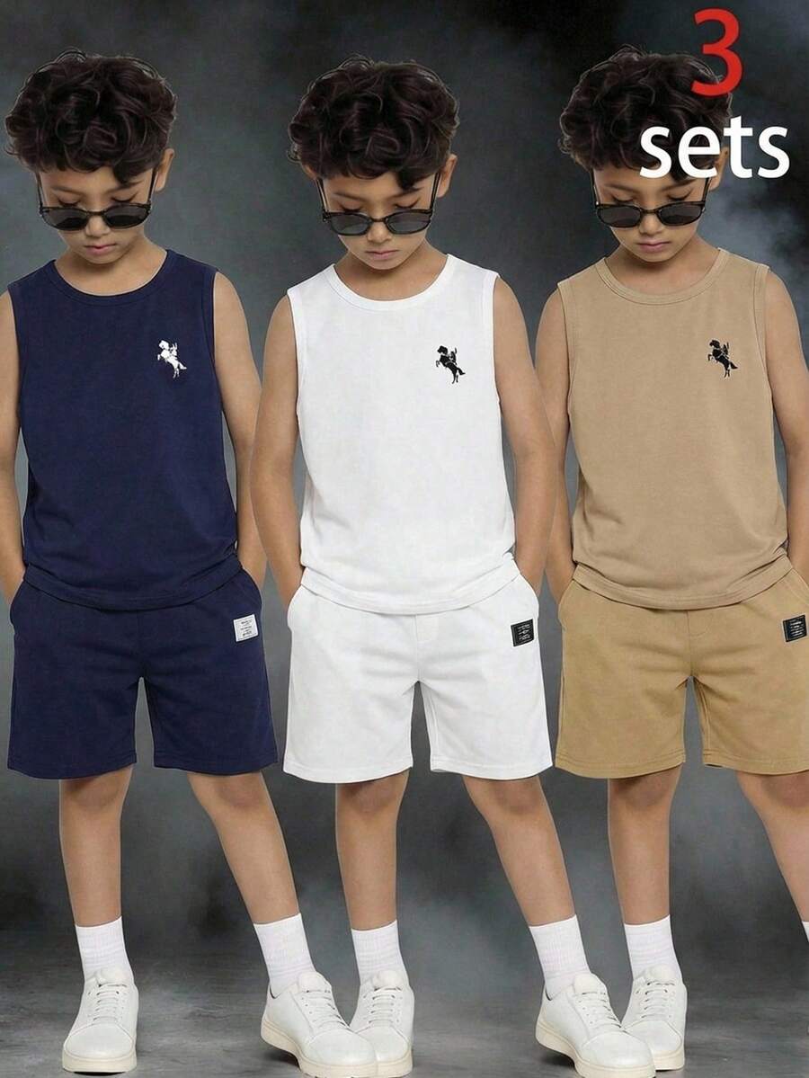 SHEIN Teen Boy 6pcs Teen Boy Casual Cute Pattern Knit Vest & Shorts Set, Suitable For Commuting, School, Daily Casual, Sports, Spring/Summer