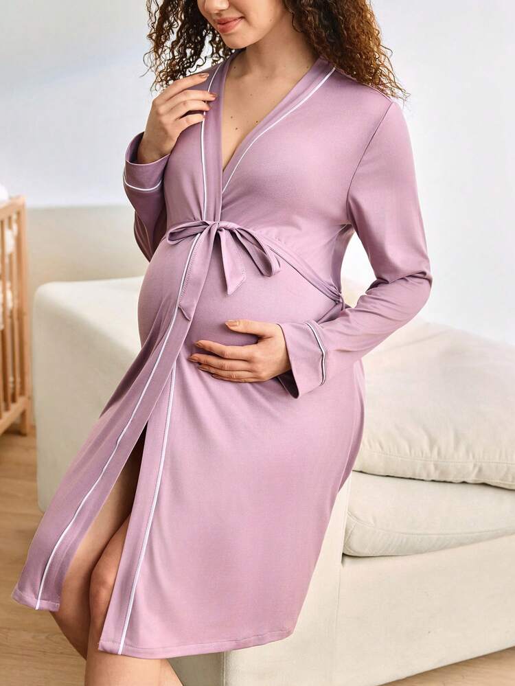 Moonlight&Mama Maternity Contrast Color Trim Belted Robe Loungewear - Mauve Purple - View 7