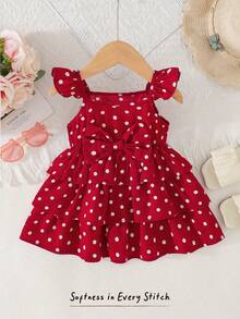 Cozy Pixies Baby/Toddler Girl Sweet Cute Red Polka Dot Strap Ruffle Layered Cake Dress, Summer Baby Girl Red Dress Toddler Polka Dot Dress Baby Girl Strawberry Dress Baby Summer Dress - Red - View 3