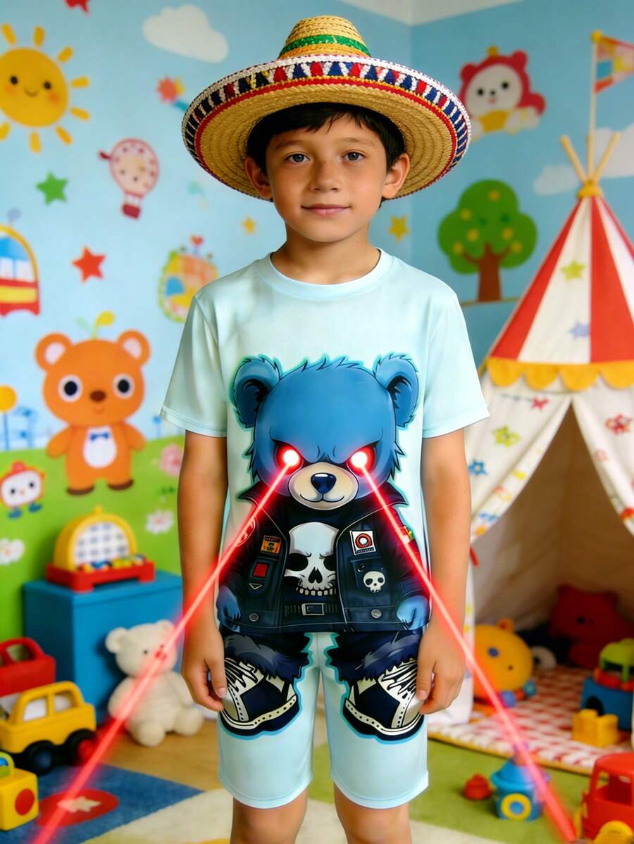 SHEIN 2pcs Kids/Tween Boys Casual Everyday Versatile Comfortable Printed Pattern Crew Neck Loose Pullover Short Sleeve Top And Shorts Knit Tight Fit Pajama Set - Multicolor - View 1