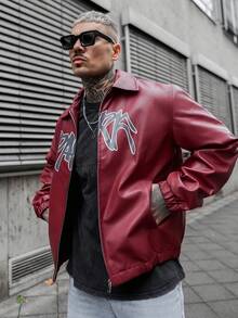 Artur Kramer 男士休闲街头风字母印花PU皮夹克，秋冬款 - 酒紅色 - 查看 4