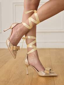CUCCOO HITCHD Women Stylish Elegant Commuter Rhinestones Pearl Bows Decorated Pointed Pumps - Gold - View 10
