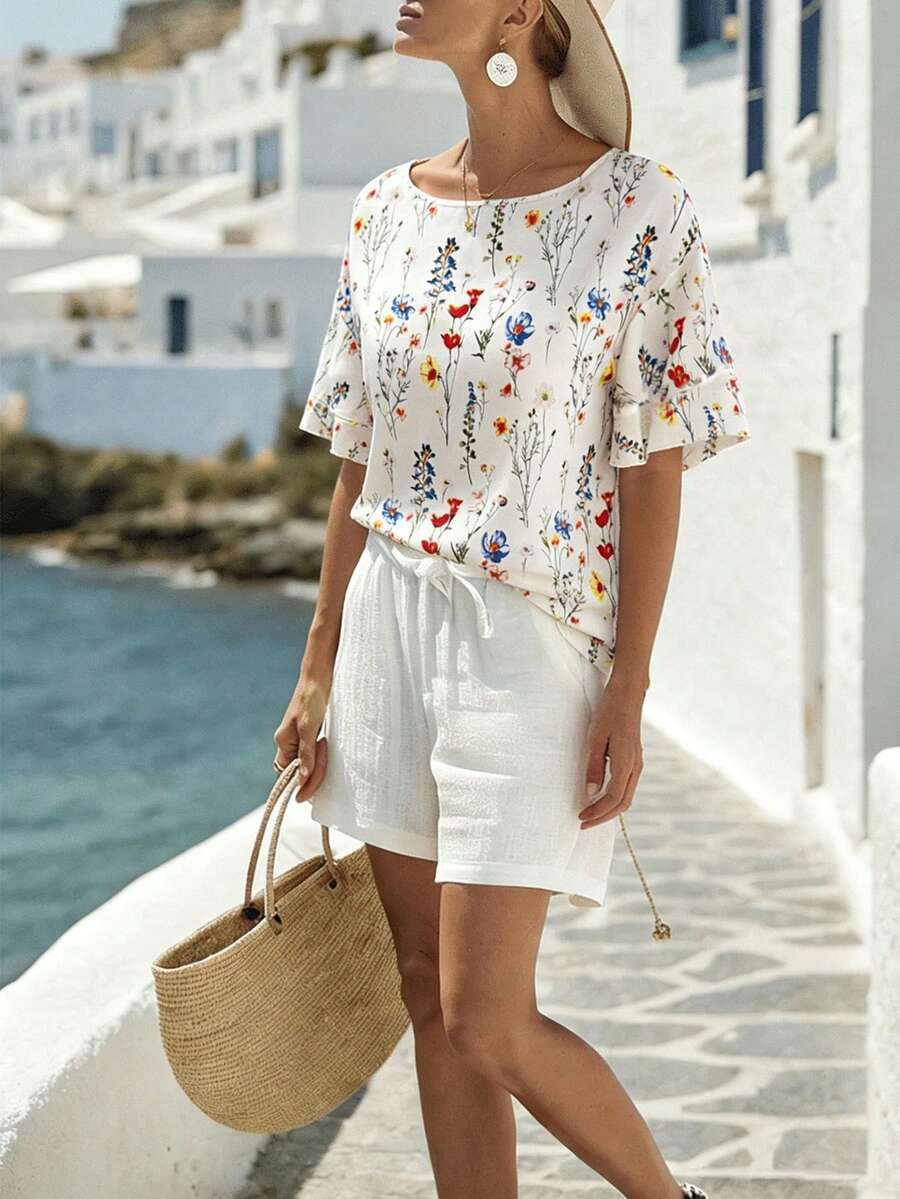 SHEIN LUNE Women's Floral Print Casual Versatile Daily Wear Short Sleeve T-Shirt - Apricot - View 1