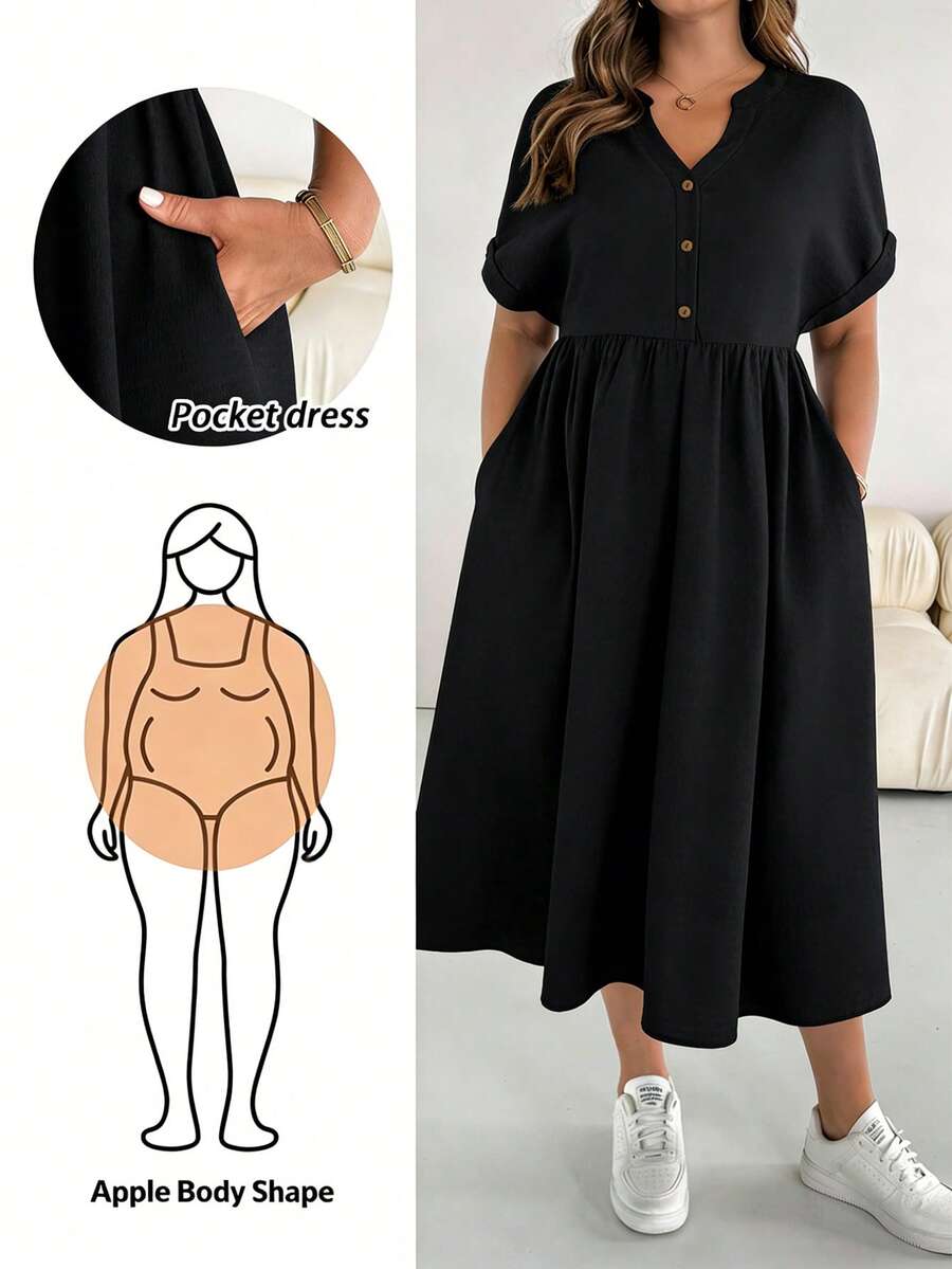SHEIN Essnce Vestido casual de talla grande para mujer de color negro sólido, de manga corta, adecuado para primavera y verano - Multicolor - Ver 1