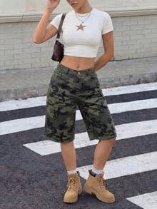 Muchica Women's Casual Camo Print Loose Fit Jeans With Side Pockets, Summer - Multicolor - View 3